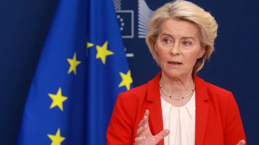 epa12416140 President of the European Commission Ursula von der Leyen gives press statements with NATO Secretary General Mark Rutte (not pictured) ahead of the weekly meeting of the College of Commissioners in Brussels, Belgium, 30 September 2025. Rutte participates in a discussion on defense and security issues with the College of European Commissioners. EPA/OLIVIER HOSLET