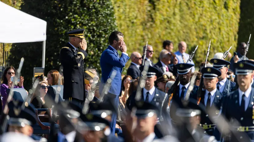 epa12390411 US Defense Secretary Pete Hegseth (C) and Army Chief of Staff Gen. Randy George (C-L) host a POW/MIA Recognition Day ceremony at the Pentagon in Arlington, Virginia, USA, 19 September 2025. EPA/JIM LO SCALZO
