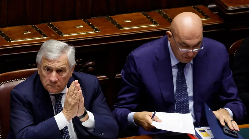 Italian Foreign Minister and Deputy Prime Minister Antonio Tajani (L) and Italian Defence Minister Guido Crosetto during statement at the Chamber of Deputies on recent developments in the Gaza Strip, Rome, 2 October 2025. ANSA/FABIO FRUSTACI