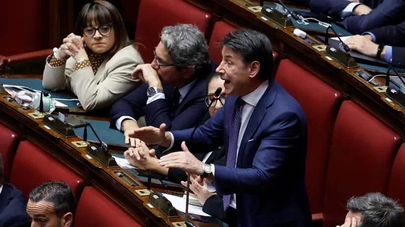 Leader of M5S, Giuseppe Conte, during statement at the Chamber of Deputies on recent developments in the Gaza Strip, Rome, 2 October 2025. ANSA/FABIO FRUSTACI