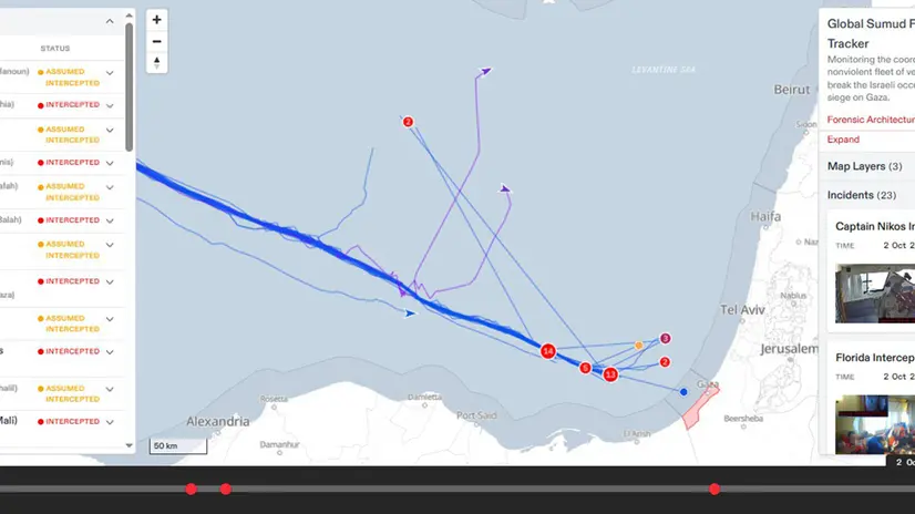 La lista delle barche dirette a Gaza intercettate o presumibilmente intercettate dall'Idf, in base al tracker aggiornato alle ore 8.14 del 2 ottobre sul sito della Global Sumud Flotilla. ANSA/globalsumudflotilla.org - USARE SOLO PER ILLUSTRARE OGGI LA NOTIZIA INDICATA NEL TITOLO - NON ARCHIVIARE – FOTO NON IN VENDITA - DA USARE SOLO PER FINI GIORNALISTICI - NPK+++