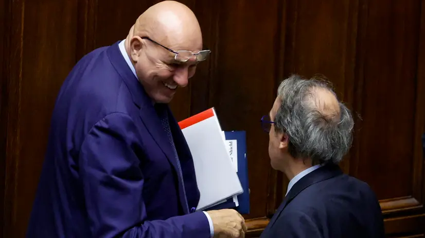 Italian Defence Minister Guido Crosetto (L) and Angelo Bonelli, AVS, during statement at the Chamber of Deputies on recent developments in the Gaza Strip, Rome, 2 October 2025. ANSA/FABIO FRUSTACI