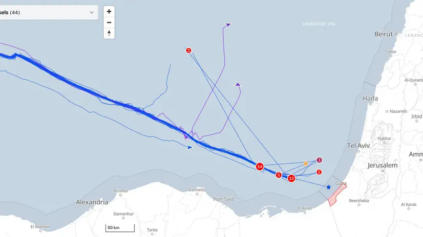 La rotta delle barche dirette a Gaza in base al tracker aggiornato alle ore 8.14 del 2 ottobre sul sito della Global Sumud Flotilla. ANSAglobalsumudflotilla.org - USARE SOLO PER ILLUSTRARE OGGI LA NOTIZIA INDICATA NEL TITOLO - NON ARCHIVIARE – FOTO NON IN VENDITA - DA USARE SOLO PER FINI GIORNALISTICI - NPK+++