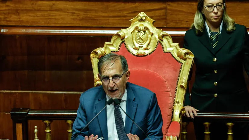 Il presidente del Senato Ignazio La Russa durante le comunicazioni del ministro degli Affari Esteri Antonio Tajani sui recenti sviluppi della situazione nella Striscia di Gaza, Roma, 2 Ottobre 2025. ANSA/GIUSEPPE LAMI