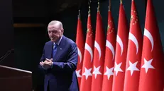epa12268988 Turkish President Recep Tayyip Erdogan delivers a statement following a cabinet meeting held at the Presidential Complex in Ankara, Turkey, 28 July 2025. EPA/NECATI SAVAS