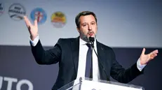 Il ministro delle infrastrutture e dei trasporti e leader della Lega, Matteo Salvini, in occasione del comizio del centrodestra a Lamezia Terme a sostegno della ricandidatura di Roberto Occhiuto alla presidenza della Calabria, 30 settembre 2025. ANSA/SALVATORE MONTEVERDE