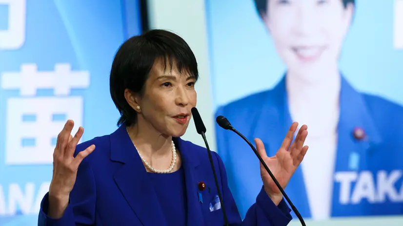 epa12429161 Japan's Prime Minister contender Sanae Takaichi speaks at the Liberal Democratic Party's (LDP) leadership election in Tokyo, Japan, 04 October 2025. EPA/Kim Kyung-Hoon / POOL