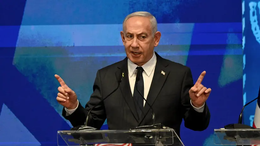 epa12380603 Israeli Prime Minister Benjamin Netanyahu addresses the opening event of a bipartisan delegation of American legislators to Israel, at the Foreign Ministry in Jerusalem, 15 September 2025. The delegation includes 250 legislators from all 50 U.S. states – five elected officials from each state. EPA/DEBBIE HILL / POOL