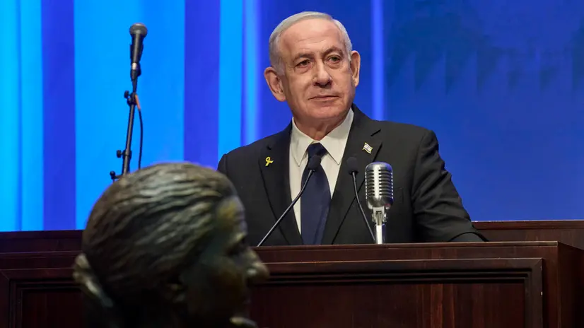 epa12293466 Israeli Prime Minister Benjamin Netanyahu speaks at the opening ceremony of the Knesset Museum, in the old building of the Israeli parliament, in Jerusalem, 11 August 2025. EPA/OHAD ZWIGENBERG / POOL