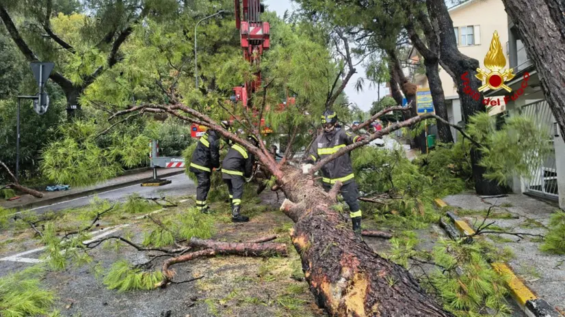 Oltre una ventina gli interventi dei vigili del fuoco in varie zone delle Marche per il maltempo che ha imperversato dalla notte scorsa. A Porto San Giorgio (Fermo) le forti piogge hanno causato allagamenti di garage, locali seminterrati e sottopassi, invasi anche dal fango. Le squadre dei vigili del fuoco di Fermo intervengono con motopompe per il prosciugamento, 1 ottobre 2025. ANSA/US VIGILI DEL FUOCO +++ UFFICIO STAMPA VIGILI DEL FUOCO +++ FOTO NON IN VENDITA - DA USARE SOLO PER FINI GIORNALISTICI +++ NPK +++