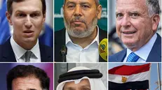 Da Witkoff e Kushner al ministro degli Esteri del Qatar. Linea in alto da sinistra Jared Kushner, Khalil al-Hayya ,Steve Witkoff. Riga in basso Ron Dermer, Mohammed bin Abdulrahman bin Jassim Al-Thani e una panoramica di Sharm El-Sheik 6 ottobre 2025 EPA/ANSA
