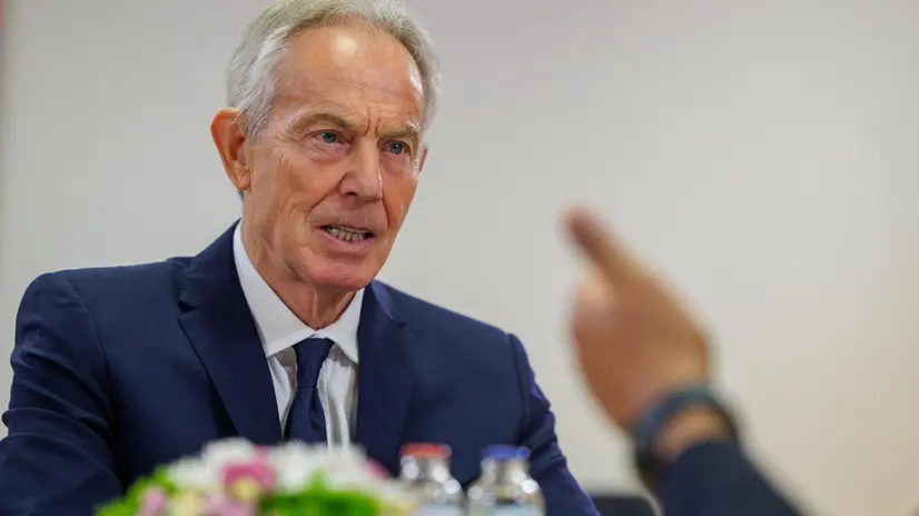 epa11971142 Tony Blair, Executive Chairman of the Tony Blair Institute for Global Change, meets with EU Council President Costa (not pictured) in Brussels, Belgium, 18 March 2025. EPA/OLIVIER MATTHYS