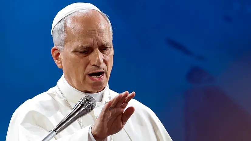 Pope Leo XIV during the international conference "Celebration of Hope, Raising Hope for Climate Justice" on the tenth anniversary of Laudato Si’, in Castel Gandolfo, near Rome, Italy, 01 October 2025. ANSA/ANGELO CARCONI