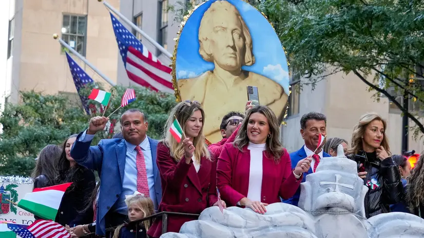 epa10910393 Participants ride a float during the 79th Annual Columbus Day Parade in New York, USA, 09 October 2023. The parade celebrates Italian-American culture as well as the anniversary of Christopher Columbus's arrival in the Americas in 1492. EPA/PORTER BINKS