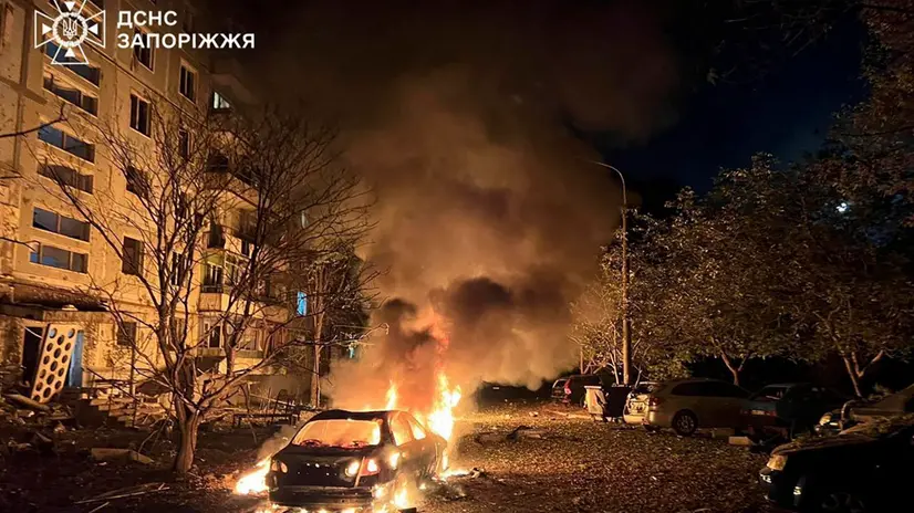 epa12431951 A handout photo made available by the State Emergency Service shows the site of a Russian strike on a residential building in Zaporizhzhia, Ukraine, in the night of 05 October 2025. According to the State Emergency Service report, at least five people died and dozens were injured after Russia launched an overnight attack on Ukraine with more than 50 missiles of different types and 500 shock drones. The Lviv, Ivano-Frankivsk, Zaporizhia, Chernihiv, Sumy, Kharkiv, Kherson, Odesa, and Kirovohrad regions experienced a massive combined attack overnight. EPA/STATE EMERGENCY SERVICE / HANDOUT HANDOUT EDITORIAL USE ONLY/NO SALES