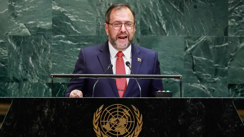 epa12409009 Yvan Gil Pinto Minister of the People's Power for Foreign Affairs of Venezuela speaks during the General Debate of the 80th session of the United Nations General Assembly (UNGA) at the United Nations headquarters in New York, New York, USA, 26 September 2025. EPA/KENA BETANCUR