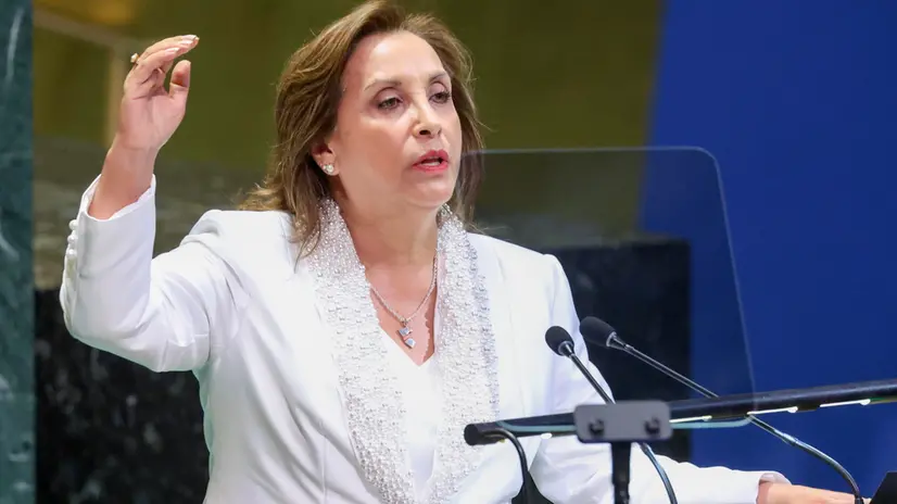 epa12400204 Peruvian President Dina Boluarte speaks during the General Debate of the 80th session of the United Nations General Assembly (UNGA) at the United Nations headquarters in New York, New York, USA, 23 September 2025. EPA/SARAH YENESEL