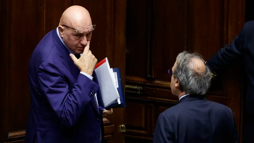 Italian Defence Minister Guido Crosetto (L) and Angelo Bonelli, AVS, during statement at the Chamber of Deputies on recent developments in the Gaza Strip, Rome, 2 October 2025. ANSA/FABIO FRUSTACI