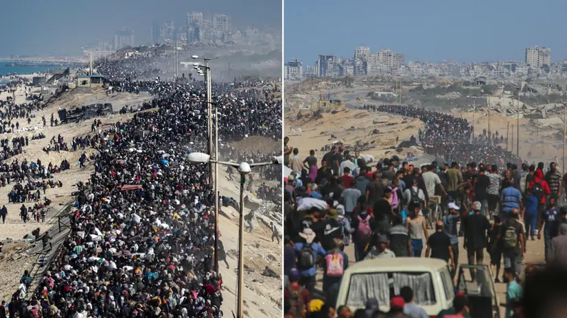 In una combo i profughi palestinesi che lasciano il sud di Gaza per andare verso nord in una foto del 17 gennaio 2025 (S) e le migliaia di palestinesi che fanno ritorno a Gaza City (D) in un'immagine del 10 ottobre 2025. ANSA/MOHAMMED SABER-AFP/BASHAR TALEB