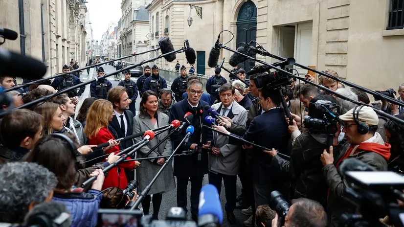 epa12439060 First Secretary of the Socialist Party (PS) Olivier Faure speaks to the media as he leaves the Hotel Matignon, in Paris, France, 08 October 2025. French Prime Minister Lecornu initiated a series of talks with political parties' leaders following his resignation on 06 October, nearly a month after his appointment and shortly after his new cabinet was announced. EPA/YOAN VALAT