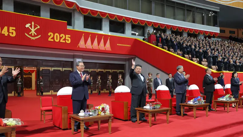 epa12443752 A photo released by the official Korean Central News Agency (KCNA) shows North Korean leader Kim Jong Un (C), Chinese Premier Li Qiang (C-L), Vietnamese Communist Party General Secretary To Lam (C-R) and Russian Security Council Deputy Chairman Dmitry Medvedev (2-R) attending an event marking the 80th anniversary of the Workers’ Party of Korea at the May Day Stadium in Pyongyang, North Korea, 09 October 2025 (issued 10 October 2025). North Korea marks its 80th founding anniversary as delegations from China, Russia and Vietnam arrived in Pyongyang to attend celebrations. EPA/KCNA EDITORIAL USE ONLY