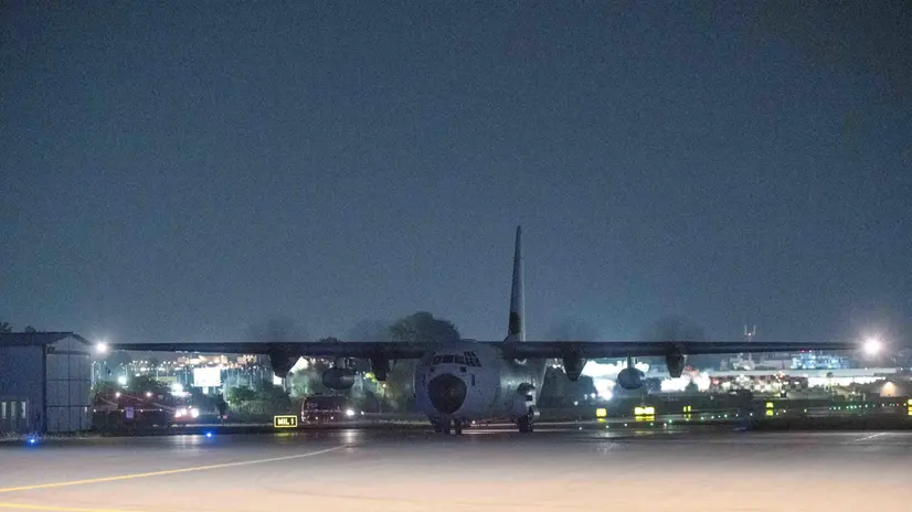 Arrivo delle famiglie da Gaza al aeroporto militare di Milano Linate, il C130J che ha trasportato le famiglie, Milano, 14 Agosto 2025, Ansa/Andrea Fasani