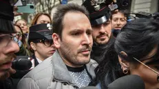 Andrea Sempio esce dalla caserma dei Carabinieri Montebello di via Vincenzo Monti accompagnato dai suoi avvocati, Milano 13 Marzo 2025 ANSA/MATTEO CORNER