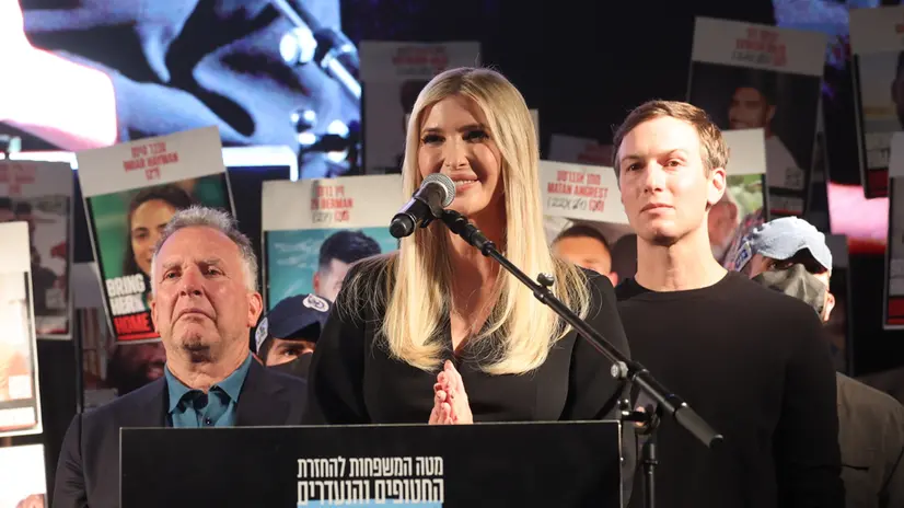 epa12447360 (L-R) Steve Witkoff, United States special envoy to the Middle East and special envoy for Peace Missions, Ivanka Trump, daughter of US President Trump, and her husband Jared Kusher, son-in-law of US President Trump, appear on stage during a rally at the so-called 'Hostages Square' outside the Kirya military headquarters in Tel Aviv, Israel, 11 October 2025. Tens of thousands are to gather at the "Hostages Square" ahead of the release of hostages held by Hamas. EPA/ABIR SULTAN