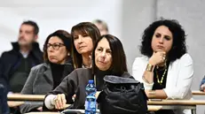 Egke Possetti presidente del Comitato Vittime del Crollo di ponte Morandi, insieme ad altri parenti di altre vittime, per ascoktare Giovanni Castellucci ex ad di Autostrade, in aula per l'udienza odierna del processo per il crollo di ponte Morandi, dedicata a dichiarazioni spontanee degli imputati. Genova, 26 marzo 2025. ANSA/LUCA ZENNARO