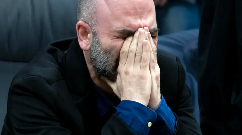 Roberto Saviano e l’avv. Antonio Nobile, all’interno della Corte di Appello per il processo Bidognetti, dopo la lettura della sentenza. Roma, 14 luglio 2025 ANSA/MASSIMO PERCOSSI
