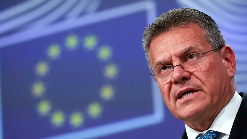 epa12384628 European Commissioner for Trade and Economic Security and for Interinstitutional Relations and Transparency, Maros Sefcovic addresses a press conference following the weekly college meeting of the European Commission in Brussels, Belgium, 17 September 2025. The European Commission presented a new strategic EU-India Agenda and proposed a package of sanctions on Israel in response to the Israeli operations in Gaza. EPA/OLIVIER HOSLET