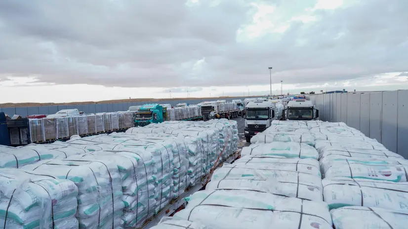 epa12448001 Humanitarian aid trucks are lined up before proceeding towards the Rafah border crossing, between Egypt and the Gaza Strip, in Rafah, North Sinai, Egypt, 12 October 2025. An increase of the number of trucks loaded with humanitarian aid were allowed into the Gaza Strip as part of the ceasefire agreement between Israel and Hamas, and ahead of the scheduled October 13th Sharm El-Sheikh Peace Summit to end the conflict in Gaza. EPA/STRINGER