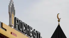 epa10559797 A brand logo at a gas station of Russian integrated energy company PJSC Rosneft, one of the largest Russian oil producing companies, in front of Mosque in Moscow, Russia, 05 April 2023. Russia has extended a voluntary cut in oil production by 500,000 barrels per day until the end of 2023, which has been in effect since March. Similarly, Saudi Arabia will voluntarily reduce oil production by 500,000 bpd from May until the end of 2023. The United Arab Emirates, Kuwait, Iraq, Oman and Algeria will also voluntarily cut production until the end of 2023. EPA/YURI KOCHETKOV