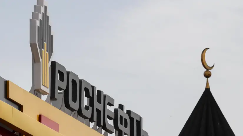 epa10559797 A brand logo at a gas station of Russian integrated energy company PJSC Rosneft, one of the largest Russian oil producing companies, in front of Mosque in Moscow, Russia, 05 April 2023. Russia has extended a voluntary cut in oil production by 500,000 barrels per day until the end of 2023, which has been in effect since March. Similarly, Saudi Arabia will voluntarily reduce oil production by 500,000 bpd from May until the end of 2023. The United Arab Emirates, Kuwait, Iraq, Oman and Algeria will also voluntarily cut production until the end of 2023. EPA/YURI KOCHETKOV