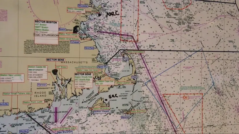 epa10703978 Frame grab from a handout video released by the US Coast Guard showing a marine map of the Atlantic Ocean off Cape Cod, Massachusetts as watch standers coordinate search efforts at the First District Command Center to find the 21-foot submersible Titan, in Boston, Massachusetts, USA, 21 June 2023. The United States Coast Guard, along with Canadian authorities, is searching the ocean depths for a submersible with Ocean Gate Expeditions, carrying tourists visiting the Titanic wreckage, 900 miles (1500 km) off the coast of Cape Cod, that lost contact on 18 June 2023. EPA/PETTY OFFICER 3RD CLASS LOGAN KACZMAREK EDITORIAL USE ONLY, NO SALES