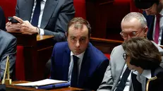 epa12457301 French Prime Minister Sebastien Lecornu listens to speeches prior to a no-confidence vote against his government at the French National Assembly in Paris, France, 16 October 2025. EPA/YOAN VALAT