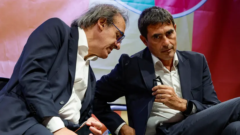(S-D) Angelo Bonelli e Nicola Fratoianni durante la festa nazionale di Alleanza Verdi Sinistra dal titolo ‘Terra', Roma 7 settembre 2025. ANSA/FABIO FRUSTACI