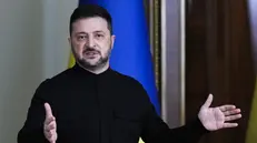 epa12445418 Ukrainian President Volodymyr Zelensky holds his briefing for journalists in Kyiv, Ukraine, 10 October 2025, amid the ongoing Russian invasion. Volodymyr Zelensky spoke with the media after the Russian missile and drone attacks on energy facilities, which left a significant number of consumers without power in several Ukrainian cities. EPA/STRINGER