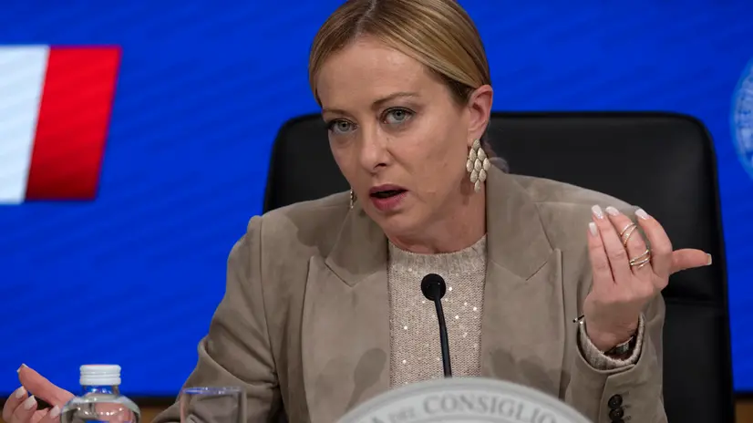 Il presidente del consiglio Giorgia Meloni, durante la conferenza stampa a palazzo Chigi dopo il cdm. Roma, 17 ottobre 2025. ANSA/MASSIMO PERCOSSI