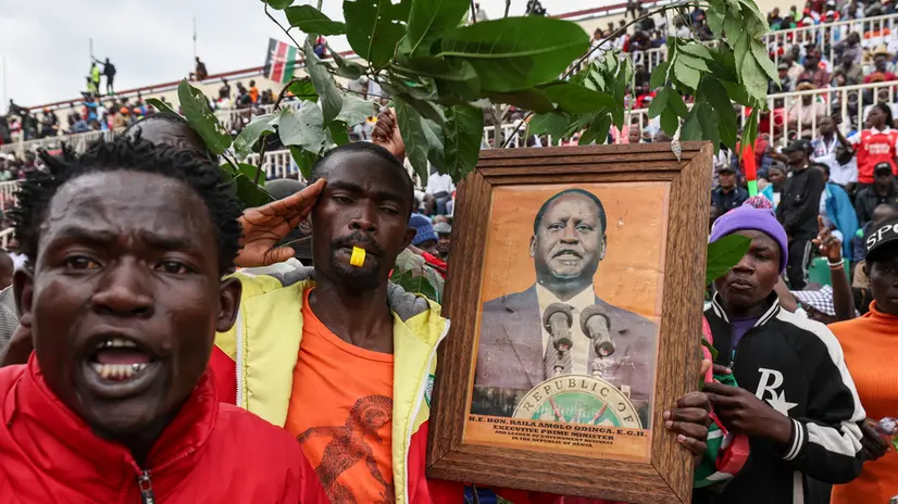 epa12459595 Mourners react during the state funeral of late Kenyan Prime Minister Raila Odinga at Nyayo National Stadium in Nairobi, Kenya, 17 October 2025. Odinga, 80, who spent many years as an opposition leader, passed away in India on 15 October 2025, while receiving medical treatment. EPA/DANIEL IRUNGU