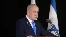 epa12458018 Israeli Prime Minister Benjamin Netanyahu delivers a speech during the ceremony of the Iron Swords War Memorial Day on Mount Herzl in Jerusalem, Israel, 16 October 2025 to commemorate the victims of the October 7 attacks. EPA/ALEX KOLOMOISKY / POOL