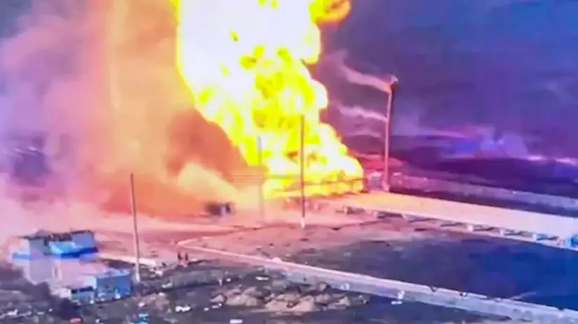 epa11994095 A still image taken from a handout video provided by the Press Service of the Russian Ministry of Defence shows a blaze at the Sudzha gas metering station in the Kursk region, Russia, 28 March 2025. The Russian Ministry of Defence said that a major fire broke out at the facility on 28 March, caused by HIMARS rockets launched by Ukrainian forces. EPA/RUSSIAN DEFENCE MINISTRY PRESS SERVICE HANDOUT -- MANDATORY CREDIT -- BEST QUALITY AVAILABLE -- HANDOUT EDITORIAL USE ONLY/NO SALES