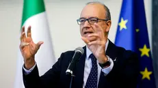 Il ministro dell'Istruzione e Merito Giuseppe Valditara durante la cerimonia di inaugurazione della nuova edizione del “Viaggio in Italia: la Corte costituzionale nelle scuole” presso il Liceo classico statale Giulio Cesare, Roma, 02 ottobre 2025. ANSA/ANGELO CARCONI
