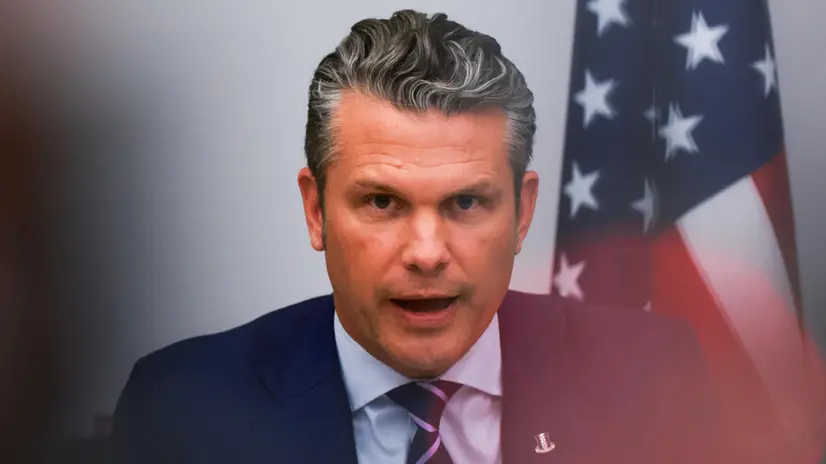 epa12455670 US Secretary of Defense Pete Hegseth speaks during the Ukraine Defence Contact Group meeting after a meeting of NATO defence ministers at the NATO headquarters in Brussels, Belgium, 15 October 2025. EPA/OLIVIER HOSLET