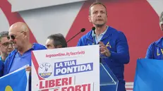 Massimiliano Fedriga (President of Friuli Venezia Giulia) during the traditional Lega party rally in Pontida (Bergamo), 21 september 2025. ANSA/MICHELE MARAVIGLIA