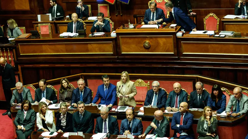 Il presidente del Consiglio Giorgia Meloni in Senato durante comunicazioni in vista del prossimo Consiglio europeo , Roma, 22 Ottobre 2025. ANSA/GIUSEPPE LAMI