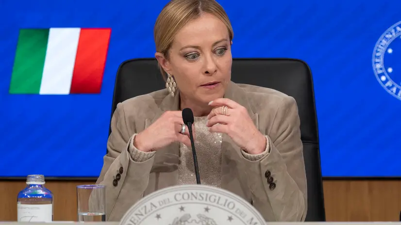 Il presidente del consiglio Giorgia Meloni, durante la conferenza stampa a palazzo Chigi dopo il cdm. Roma, 17 ottobre 2025. ANSA/MASSIMO PERCOSSI