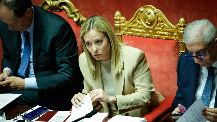 Il presidente del Consiglio Giorgia Meloni in Senato durante comunicazioni in vista del prossimo Consiglio europeo , Roma, 22 Ottobre 2025. ANSA/GIUSEPPE LAMI