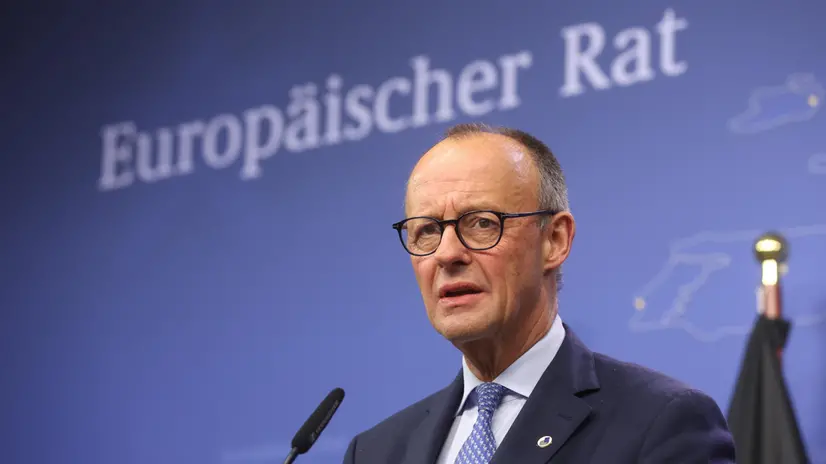 epa12477131 German Federal Chancellor Friedrich Merz speaks during the Euro Summit in Brussels, Belgium, 23 October 2025. European Union leaders convened to discuss the situation in Ukraine, European defence, developments in the Middle East, competitiveness, housing, and migration. EPA/OLIVIER HOSLET