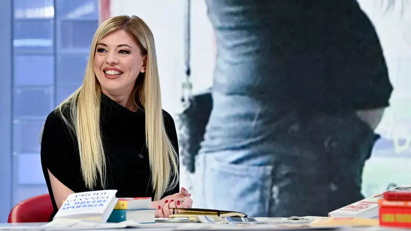 Maria Rosaria Boccia durante la trasmissione televisiva L’aria che tira condotta da David Parenzo ed in onda su La7, Roma, 3 febbraio 2025. ANSA/RICCARDO ANTIMIANI